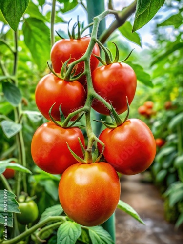 Ripe Red Tomatoes Growing on a Vine in a Greenhouse. Generative AI
