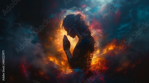 The woman prays on the abstract background. Girl's prayer. The religious believer prays. Prayer to God for peace. Prayer process. High quality photo