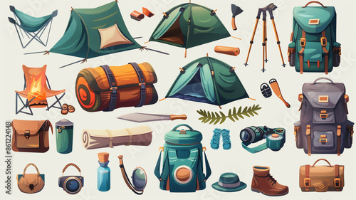 Assortment of camping gear for hiking photo