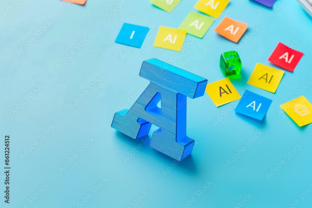 Obraz premium Creative AI block puzzle on blue background, representing artificial intelligence in education, creativity, and learning