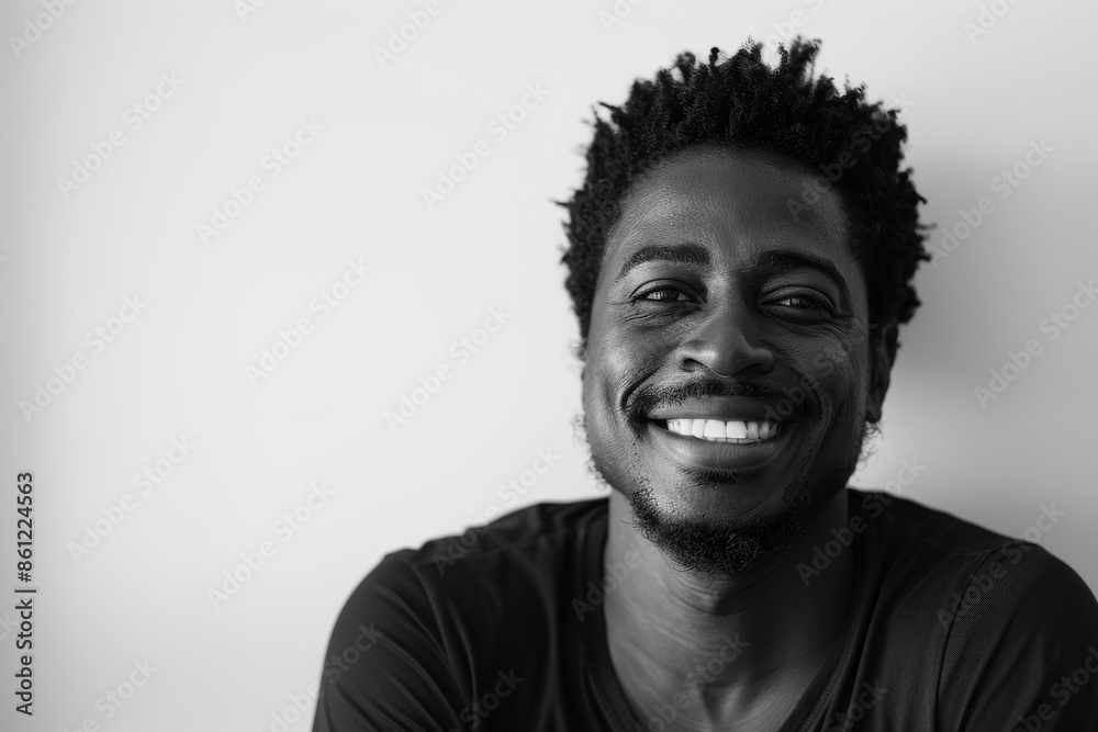 Portrait of a happy afro-american man in his 30s smiling at the camera isolated on bare monochromatic room Portrait of a happy afro-american man in his 30s smiling at the camera isolated on bare monochromatic room