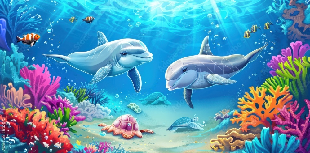 Fototapeta premium Dolphins and Sea Turtles Swim Through a Colorful Coral Reef