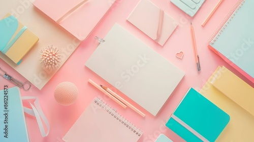 Dreamy Pastel Stationery Flat Lay with Soft-Colored Items and Copy Space for Text