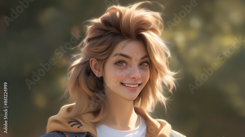 Sunny portrait of a teenager. Beautiful easy-going girl is smiling in the park. Youth and relax, playful mood. 