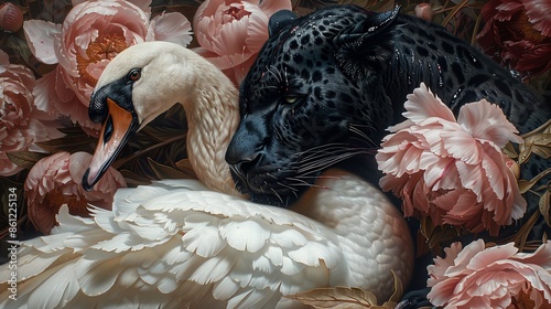 Grace of the swan and panther. Fairy picture of two animals, different species. Beautiful, dangerous, tender wild creatures. 