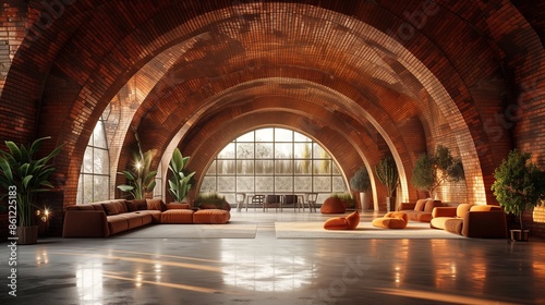 Interior of the event hall. Sofa and chairs in the big room. High and wide window. 