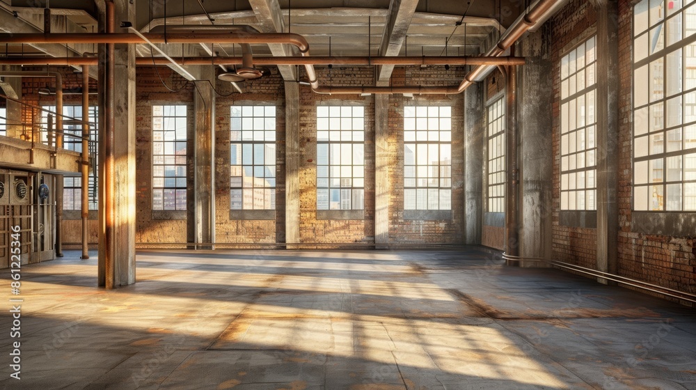 Urban Loft with Exposed Pipes and Warm Tones, Enhanced with Digital Art, Industrial Style with Natural Light and Shadows Urban Loft with Exposed Pipes and Warm Tones, Enhanced with Digital Art, Industrial Style with Natural Light and Shadows
