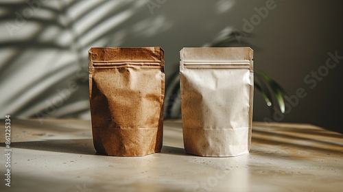 Laconic, low-key design of wrapping, packages, paper bags on the table. E-commerce and selling. Products and items delivery.