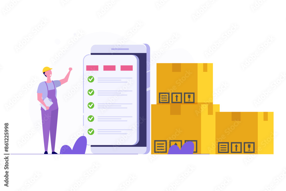 Inventory control system, check inventories before shipping concept. Vector illustration.