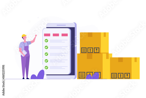 Inventory control system, check inventories before shipping concept. Vector illustration.