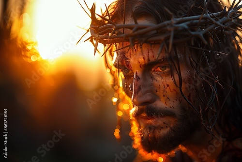 Jesus in the the crown of thorns. Religion concept. Suffering and forgiveness.  photo