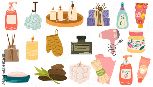 Cosmetic bottles, tubes, jars set. Bath toiletries, hygiene and care stuff. Soap, gel, cream, shampoo, washcloth and different bathroom items. Flat vector illustrations isolated on white background