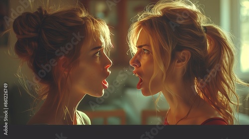 Two young women argue in the room. People concept -  family, teenagers having a conflict. High quality photo