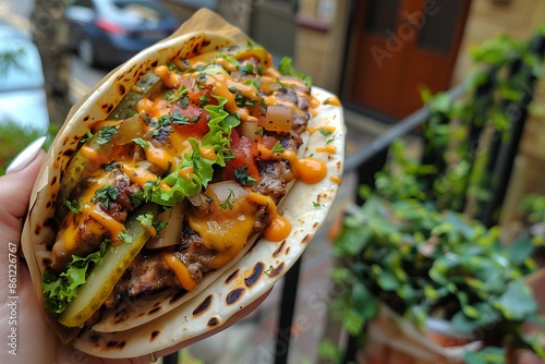 Woman offers delicious taco. Mexican food. Hands are holding tortilla full of vegetables, meat and sauses.