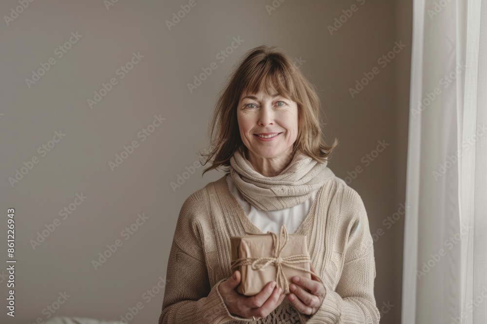 Portrait of a smiling caucasian woman in her 40s holding a gift isolated on bare monochromatic room