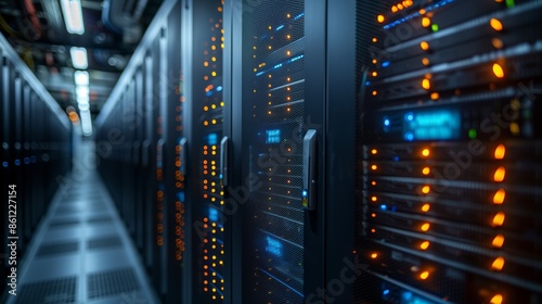 A detailed view of a contemporary data center server room with rows of high-tech equipment. Blue and orange LED lights indicate active network connections and system operations