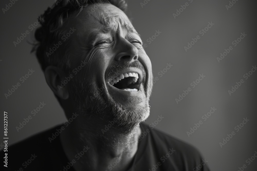 Portrait of a glad caucasian man in his 40s laughing while standing against bare monochromatic room Portrait of a glad caucasian man in his 40s laughing while standing against bare monochromatic room