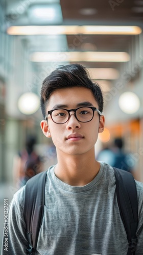 A young man wearing glasses stands in a modern hallway