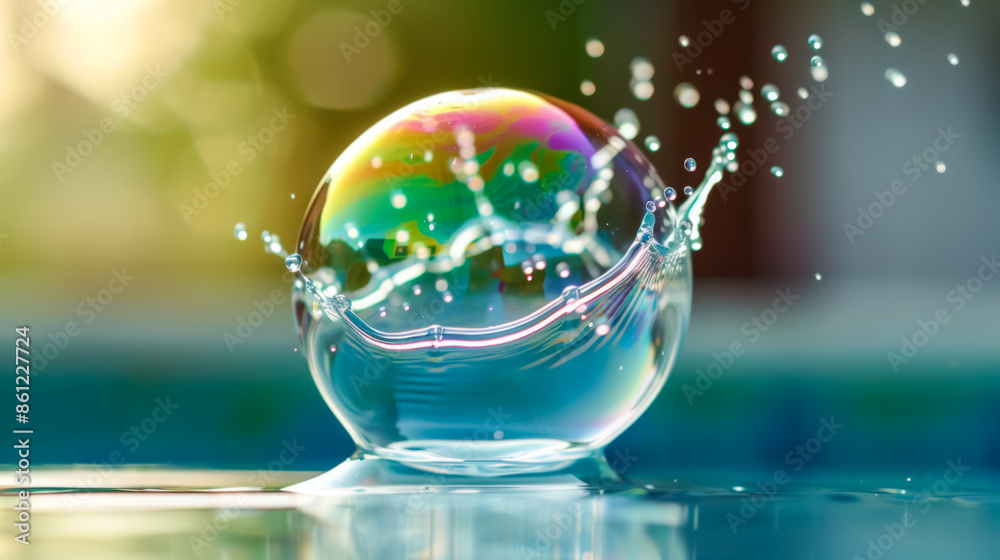 Dramatic moment of a soap bubble burst, creating an artistic splash Dramatic moment of a soap bubble burst, creating an artistic splash