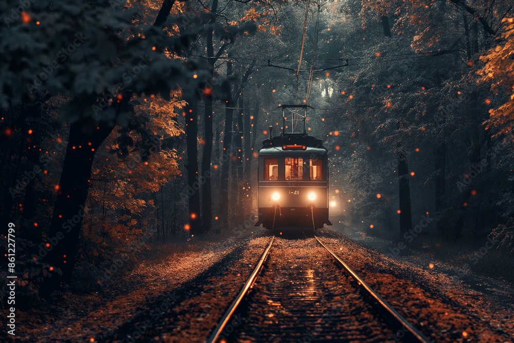 A nostalgic tram moving through a foggy forest, illuminated by warm lights and surrounded by fireflies A nostalgic tram moving through a foggy forest, illuminated by warm lights and surrounded by fireflies