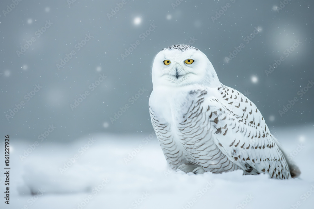 Beautiful snowy owl perched on snow covered ground during snowfall