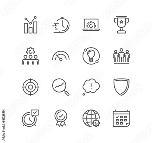 Set of seo and promotion related icons, data, market, analysis, feedback, optimization, target, website stats and linear variety vectors.	
