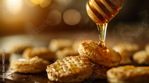 Golden honey drizzle on fresh biscuit, warm tones, sweet indulgence, rustic charm concept  photo