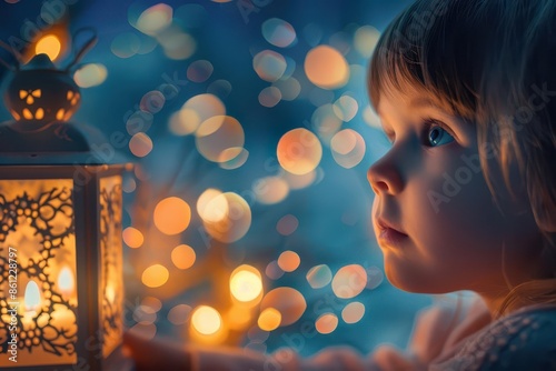 wideeyed child gazing at magical lanternfilled night sky twinkling stars wonder and curiosity soft dreamy lighting photo