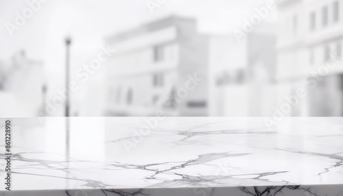 minimalist white marble countertop table in the foreground with blurred urban backdrop for product mockup presentation