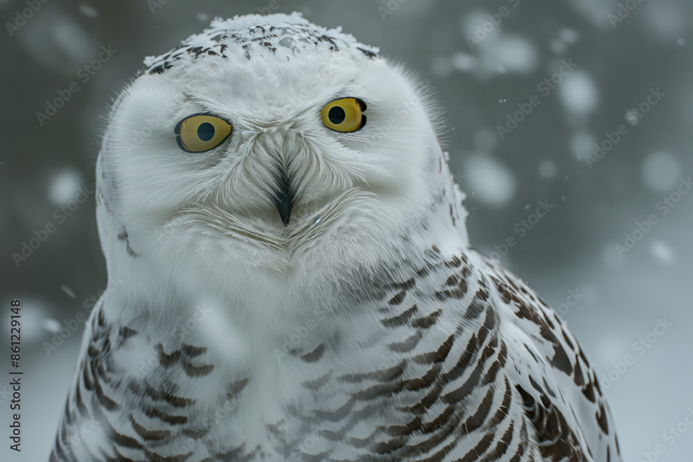 Obraz premium Majestic snowy owl standing in falling snow