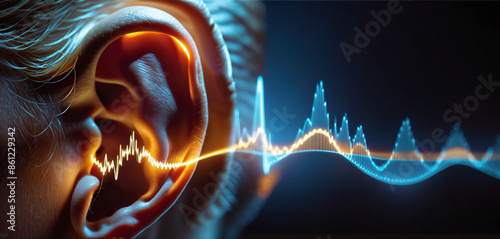 Auditory perception, person listens or hearing deteriorates , waveforms visualize sounds propagating in the surrounding air