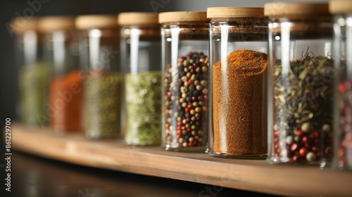 A row of glass jars filled with a variety of colorful spices on a wooden shelf in a modern kitchen, showcasing diverse culinary ingredients.
