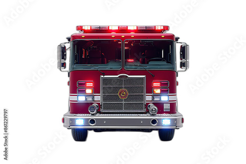 A red fire truck with its lights on, showcasing its front view on a transparent background