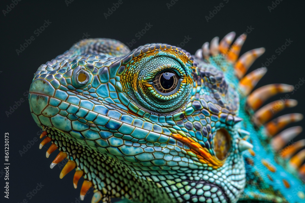 Obraz premium A vibrant lizard with blue and orange scales, captured in close-up, showing intricate details and texture