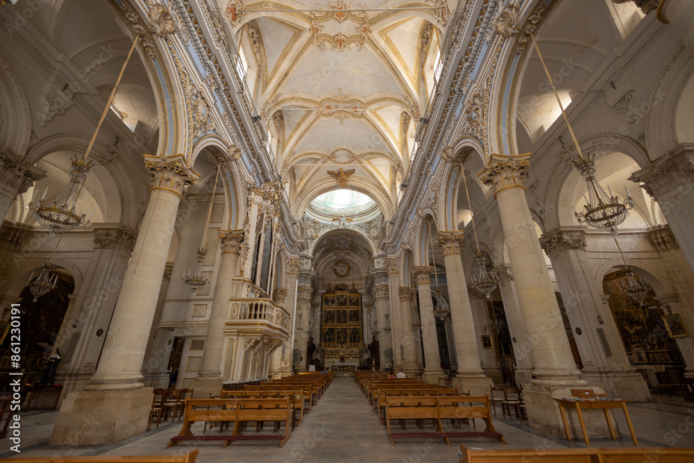 MODICA, ITALY, JUNE 23, 2023 - Inner of the cathedral of Saint George in Modica, province of Ragusa, Sicily, Italy MODICA, ITALY, JUNE 23, 2023 - Inner of the cathedral of Saint George in Modica, province of Ragusa, Sicily, Italy