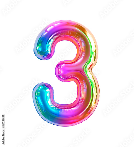AI generated photo with inflatable multicolored neon number 3. Minimalistic balloon isolated on a transparent background