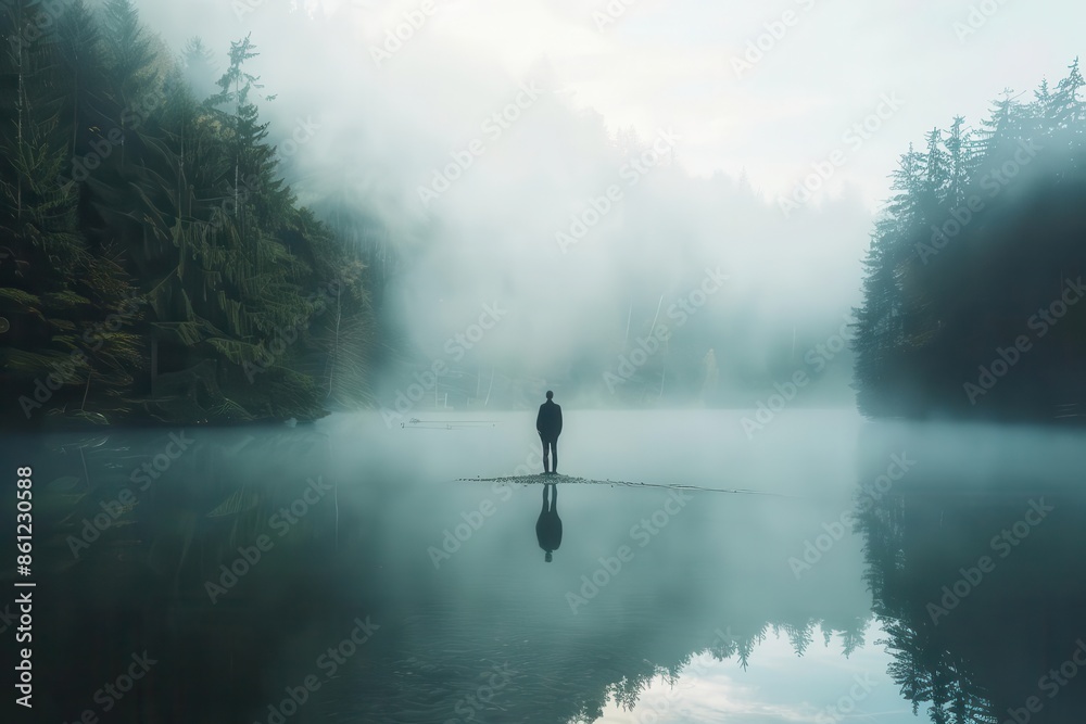 solitary figure stands at edge of misty forest lake reflection rippling on waters surface ethereal atmosphere evokes introspection and connection with natures tranquil beauty solitary figure stands at edge of misty forest lake reflection rippling on waters surface ethereal atmosphere evokes introspection and connection with natures tranquil beauty
