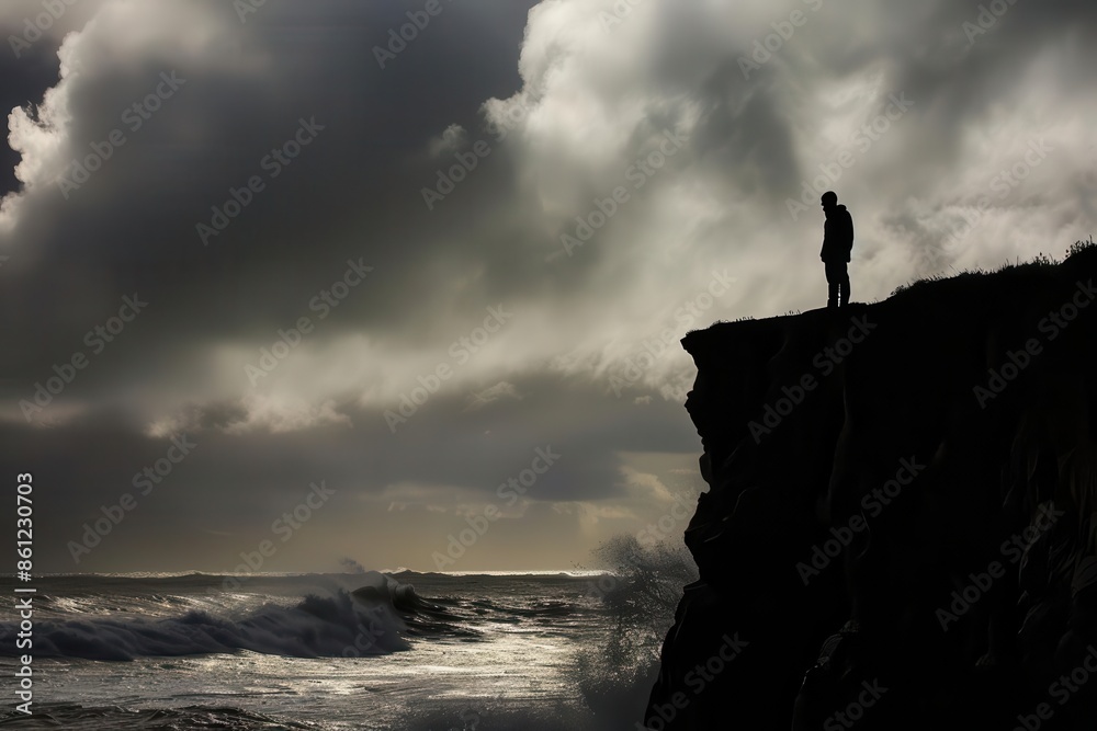 solitudes embrace lone figure silhouetted against expansive stormy sky standing on edge of cliff overlooking turbulent sea conveying isolation and introspection solitudes embrace lone figure silhouetted against expansive stormy sky standing on edge of cliff overlooking turbulent sea conveying isolation and introspection