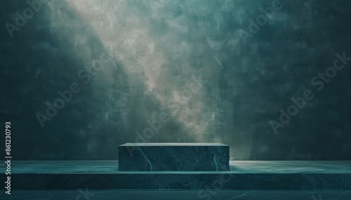 Abstract empty marble stage with atmospheric lighting and misty background, perfect for minimalistic concept art or product display. photo