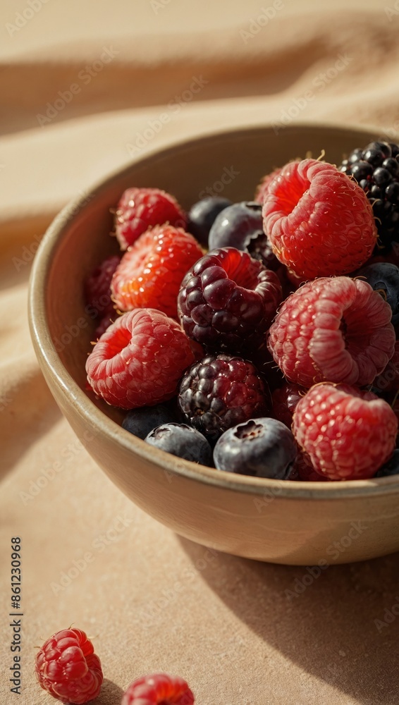 A close-up image of a bowl of fresh berries, including raspberries, blueberries, and blackberries, bathed in the warm light of golden hour A close-up image of a bowl of fresh berries, including raspberries, blueberries, and blackberries, bathed in the warm light of golden hour