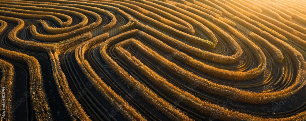 Aerial view of a maze-like crop field at sunset, showcasing intricate patterns and golden hues that highlight the farmland's beauty. Aerial view of a maze-like crop field at sunset, showcasing intricate patterns and golden hues that highlight the farmland's beauty.