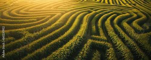 Aerial view of a green maze with sunlight casting shadows, creating intricate patterns in the lush landscape.