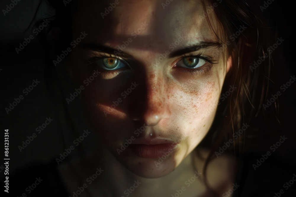striking portrait of a young woman with intense gaze dramatic chiaroscuro lighting emphasizing facial features conveying depth of emotion and inner strength through expressive eyes