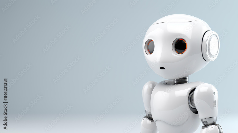 Minimalist robot design with speech bubble, black and white color scheme, modern and sleek.