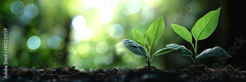 Young green plants sprouting from soil in a lush environment, symbolizing growth, new beginnings, and the nurturing power of nature. photo