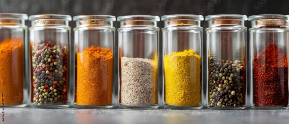 Assorted spices in glass jars arranged in a row, showcasing vibrant colors and a variety of flavors for culinary use. Assorted spices in glass jars arranged in a row, showcasing vibrant colors and a variety of flavors for culinary use.