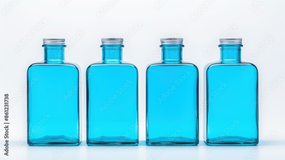 Blue bottles with water on a white background. Blue bottles with water on a white background.