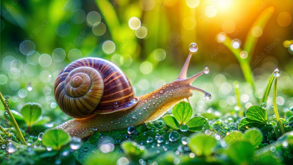 Beautiful lovely snail in grass with morning dew, macro, soft focus. Grass and clover leaves in droplets of water in spring summer nature. Amazingly cute artistic image of pure nature.
Beautiful lovely snail in grass with morning dew, macro, soft focus. Grass and clover leaves in droplets of water in spring summer nature. Amazingly cute artistic image of pure nature.