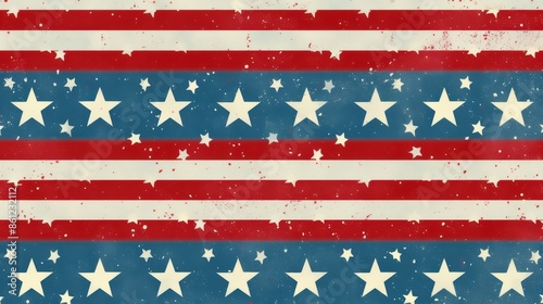 This image features a vintage American flag pattern with horizontal red and white stripes and white stars on a blue background.
