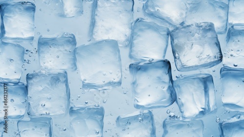 Crystal clear ice cubes background, top view.